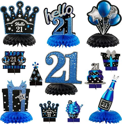 WATINC 12pcs عيد ميلاد 21st العسل المركزية الديكور، الأزرق الأسود الفضة هتافات إلى 21 سنة الجدول توبر، مرحبا 21 سعيد 21 عيد ميلاد لوازم زينة حفلة عيد ميلاد، ديكور علامة عيد ميلاد in Saudi Arabia