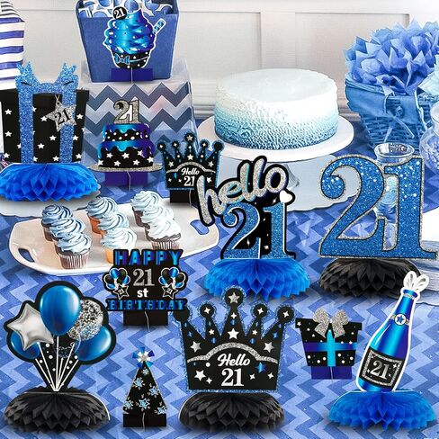 WATINC 12pcs عيد ميلاد 21st العسل المركزية الديكور، الأزرق الأسود الفضة هتافات إلى 21 سنة الجدول توبر، مرحبا 21 سعيد 21 عيد ميلاد لوازم زينة حفلة عيد ميلاد، ديكور علامة عيد ميلاد in Saudi Arabia