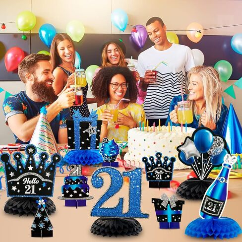 WATINC 12pcs عيد ميلاد 21st العسل المركزية الديكور، الأزرق الأسود الفضة هتافات إلى 21 سنة الجدول توبر، مرحبا 21 سعيد 21 عيد ميلاد لوازم زينة حفلة عيد ميلاد، ديكور علامة عيد ميلاد in Saudi Arabia