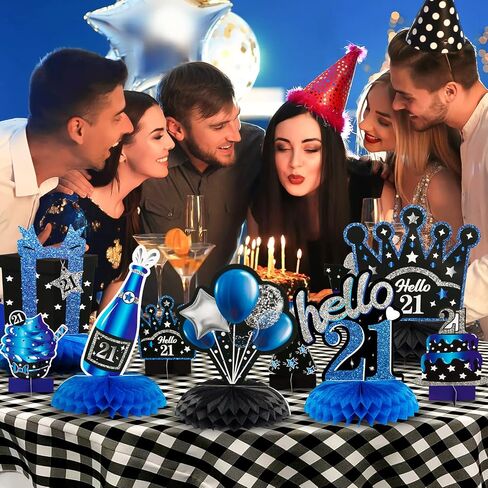 WATINC 12pcs عيد ميلاد 21st العسل المركزية الديكور، الأزرق الأسود الفضة هتافات إلى 21 سنة الجدول توبر، مرحبا 21 سعيد 21 عيد ميلاد لوازم زينة حفلة عيد ميلاد، ديكور علامة عيد ميلاد in Saudi Arabia