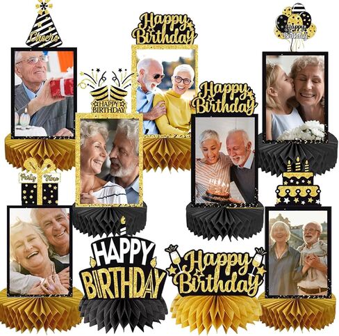 9Pcs Happy Birthday Party Decorations Honeycomb Centerpieces Black Gold Glitter Birthday Photo Table Centerpiece Party Supplies for Men and Woman Birthday Photo Table Topper in Saudi Arabia
