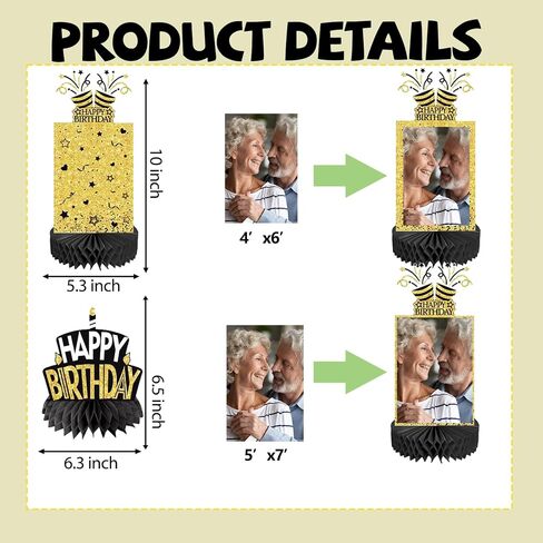 9Pcs Happy Birthday Party Decorations Honeycomb Centerpieces Black Gold Glitter Birthday Photo Table Centerpiece Party Supplies for Men and Woman Birthday Photo Table Topper in Saudi Arabia