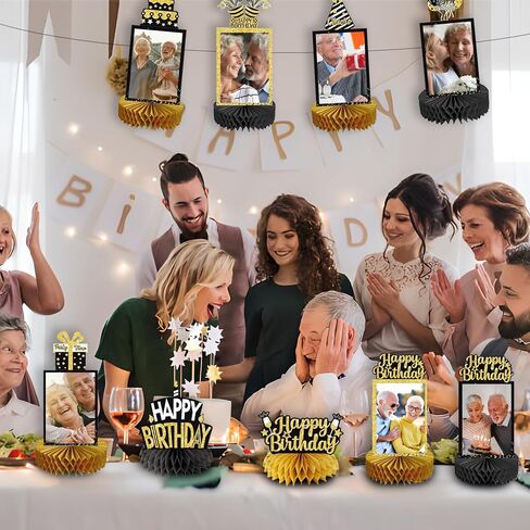 9Pcs Happy Birthday Party Decorations Honeycomb Centerpieces Black Gold Glitter Birthday Photo Table Centerpiece Party Supplies for Men and Woman Birthday Photo Table Topper in Saudi Arabia