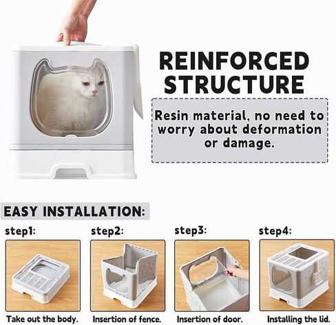 Gefryco Cat Litter Box with Lid, Top Entry Litter Box with Controlled Access, Covered Enclosed Cat Potty Odor Control, Kitten Litter Box for Small to Medium Cats, Scoop and Clean Brush Included(Grey) in Saudi Arabia