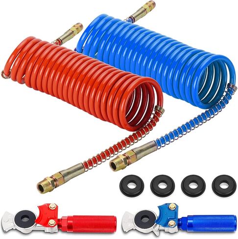 15ft Coiled Air Brake line Assembly with Glad Hands, Coiled Air Brake Lines for Semi Truck, 40" and 12" Pigtails Leads with Glad Hands kit and Rubber Seals for Trailer in Saudi Arabia