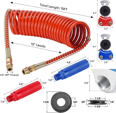 15ft Coiled Air Brake line Assembly with Glad Hands, Coiled Air Brake Lines for Semi Truck, 40" and 12" Pigtails Leads with Glad Hands kit and Rubber Seals for Trailer in Saudi Arabia
