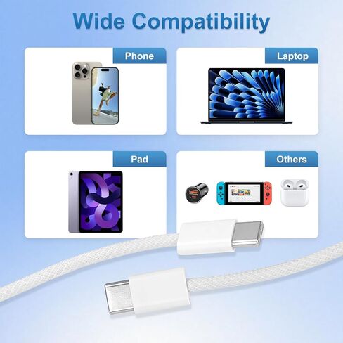 كابل شحن سريع USB C إلى USB C، من النوع C إلى النوع C، 3.3FT 60W، نقل بيانات عالي السرعة، للهاتف والكمبيوتر المحمول والوسادة والشاحن والعديد من الأجهزة المزودة بمنفذ USB من النوع C in Kuwait