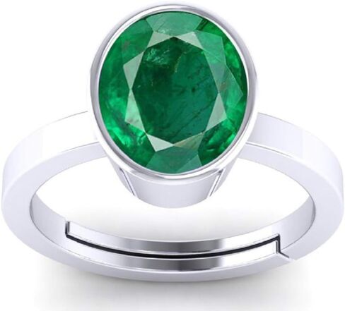 5.25 Ratti Oval Shape Created Emerald Delicate Adjustable Ring- 925 Sterling Silver - Hand Made Jewelry in Saudi Arabia