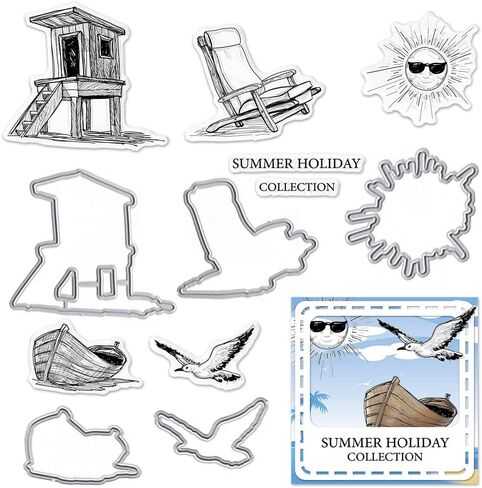 Hying الصيف قارب الشاطئ خلفية الطوابع ويموت لصنع بطاقة، كلمات الشمس البحر نورس كرسي Deckchair قطع يموت وطوابع واضحة لمجلة رصاصة DIY سجل القصاصات الديكور الحرف اليدوية دفتر in Saudi Arabia