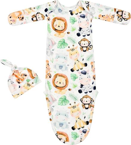 Newborn Knotted Gown Nightgown Soft Sleeper Gown with Hat Set for Baby Boy or Girl-2 Pieces in Saudi Arabia