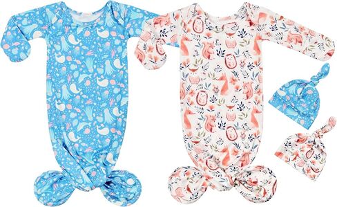 Newborn Knotted Gown Nightgown Soft Sleeper Gown with Hat Set for Baby Boy or Girl-2 Pieces in Saudi Arabia