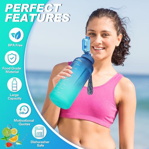 64oz Water Bottle With Time Marker,Leak Proof Half Gallon Water Bottle With Straw -BPA Free Large Gym Water Bottle With Strap,Motivational Water Bottle Water (Green Blue 2L) in Saudi Arabia