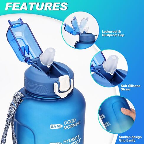 64oz Water Bottle With Time Marker,Leak Proof Half Gallon Water Bottle With Straw -BPA Free Large Gym Water Bottle With Strap,Motivational Water Bottle Water (Green Blue 2L) in Saudi Arabia