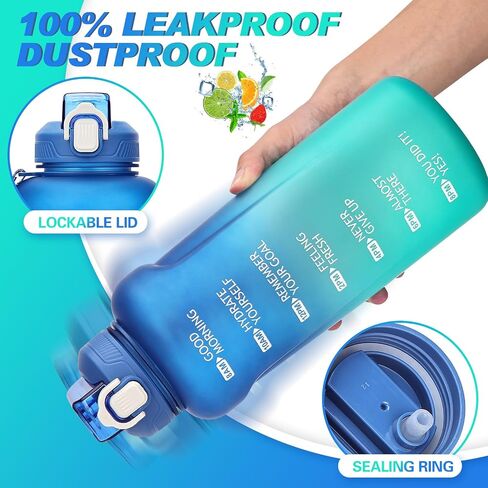 64oz Water Bottle With Time Marker,Leak Proof Half Gallon Water Bottle With Straw -BPA Free Large Gym Water Bottle With Strap,Motivational Water Bottle Water (Green Blue 2L) in Saudi Arabia