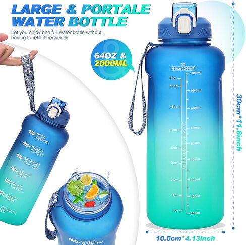 64oz Water Bottle With Time Marker,Leak Proof Half Gallon Water Bottle With Straw -BPA Free Large Gym Water Bottle With Strap,Motivational Water Bottle Water (Green Blue 2L) in Saudi Arabia