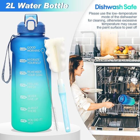 64oz Water Bottle With Time Marker,Leak Proof Half Gallon Water Bottle With Straw -BPA Free Large Gym Water Bottle With Strap,Motivational Water Bottle Water (Green Blue 2L) in Saudi Arabia