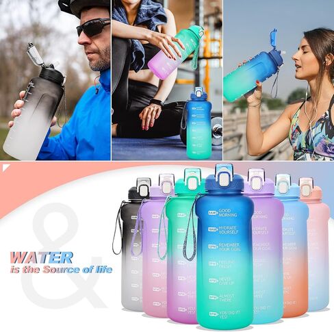 64oz Water Bottle With Time Marker,Leak Proof Half Gallon Water Bottle With Straw -BPA Free Large Gym Water Bottle With Strap,Motivational Water Bottle Water (Green Blue 2L) in Saudi Arabia