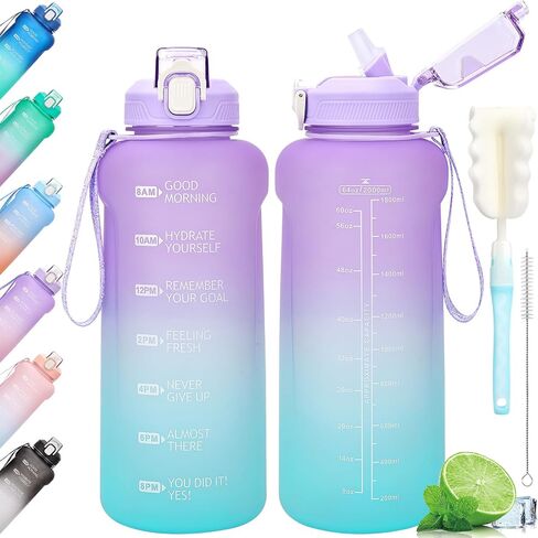 64oz Water Bottle With Time Marker,Leak Proof Half Gallon Water Bottle With Straw -BPA Free Large Gym Water Bottle With Strap,Motivational Water Bottle Water (Green Blue 2L) in Saudi Arabia