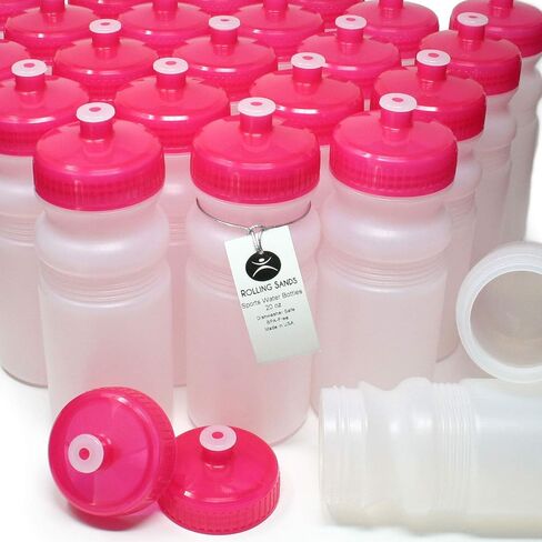 زجاجات مياه رياضية من رولينج ساندز سعة 20 أونصة، 100 عبوة، خالية من مادة BPA، مصنوعة في الولايات المتحدة الأمريكية، آمنة للاستخدام في غسالة الأطباق، زجاجات شفافة الصقيع/وردي in Kuwait