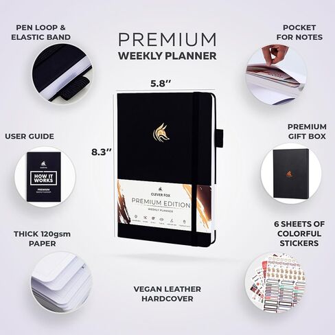 Clever Fox Planner Premium Edition – Undated Luxurious Weekly & Monthly Planner to Increase Productivity and Hit Your Goals – Organizer – Start Anytime, A5, Lasts 1 Year, Black (Weekly) in Saudi Arabia