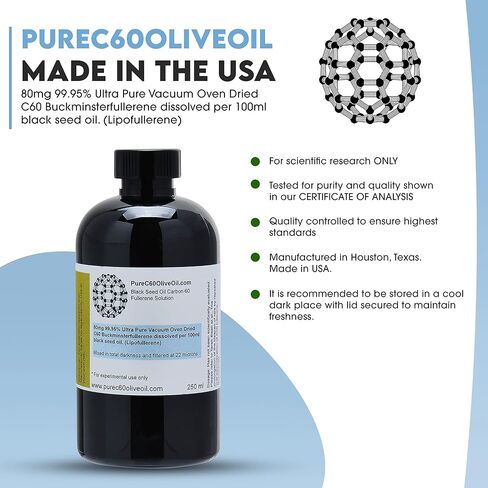 PureC60OliveOil C60 زيت الحبة السوداء العضوي 100 مل / 3.4 أونصة سائلة - 99.95% كربون 60 خالي من المذيبات 80 ملجم - زجاجة كهرمانية - زيت الحبة السوداء كربون 60 - من المنتج العالمي الرائد in Saudi Arabia