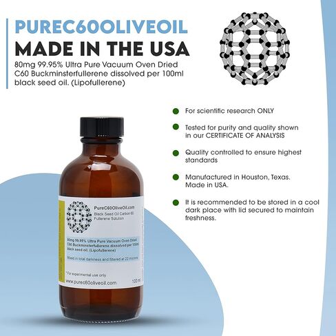 PureC60OliveOil C60 زيت الحبة السوداء العضوي 100 مل / 3.4 أونصة سائلة - 99.95% كربون 60 خالي من المذيبات 80 ملجم - زجاجة كهرمانية - زيت الحبة السوداء كربون 60 - من المنتج العالمي الرائد in Saudi Arabia