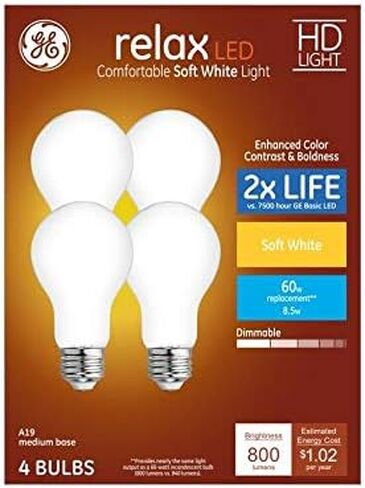 GE Relax 4-Pack 60 W ما يعادل عكس الضوء الأبيض الناعم A19 LED لمبات الإضاءة in Saudi Arabia