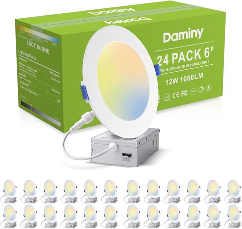 24 حزمة من مصابيح LED غائرة مقاس 6 بوصات مع صندوق وصلات، 5CCT، رفيعة للغاية، 12 وات 1080 لومن، إضاءة سفلية قابلة للتعتيم، سطوع عالي - ETL in Kuwait