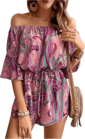 SOLY HUX Women's Boho Off Shoulder Romper Paisley Print High Waist Short Jumpsuits in Saudi Arabia