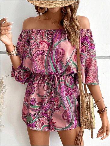 SOLY HUX Women's Boho Off Shoulder Romper Paisley Print High Waist Short Jumpsuits in Saudi Arabia