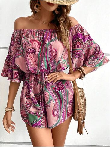 SOLY HUX Women's Boho Off Shoulder Romper Paisley Print High Waist Short Jumpsuits in Saudi Arabia