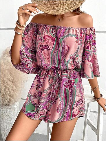 SOLY HUX Women's Boho Off Shoulder Romper Paisley Print High Waist Short Jumpsuits in Saudi Arabia