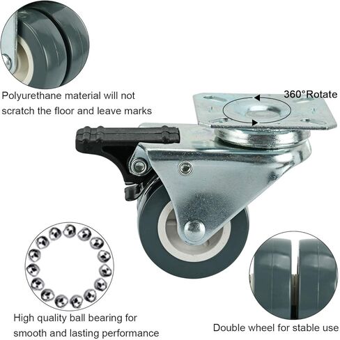 عجلات قفل بلوحة دوارة شديدة التحمل مقاس 2 بوصة من مادة TPR بوزن 551 رطلاً، 4 عبوات (4 مع فرامل) - رمادي فضي in Kuwait