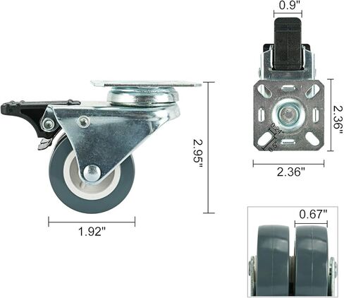 عجلات قفل بلوحة دوارة شديدة التحمل مقاس 2 بوصة من مادة TPR بوزن 551 رطلاً، 4 عبوات (4 مع فرامل) - رمادي فضي in Kuwait
