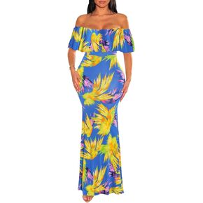 Women's Sexy Summer Off Shoulder Maxi Dress Floral Ruffle Evening Party Long Dress