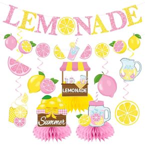 Pink Lemonade Stand Decorations, Lemon Party Decorations includes Lemonade Banner Lemon Decorations Hanging swirls and Lemonade Honeycomb Centerpieces,lemon decorations for Indoor Outdoor Lemon Party