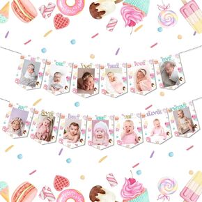 Sweet One Monthly Photo Banner Sweet One Birthday Party Decorations for Girl Donut Ice Cream Candy Monthly Photo Banner for Sweet Donut Grow Up Birthday Party
