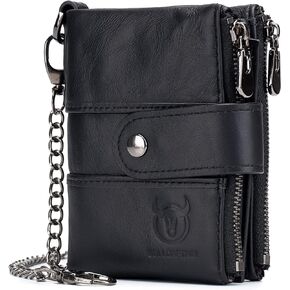 BULLCAPTAIN Genuine Leather Men Wallet with Anti Theft Chain Bifold RFID Blocking Wallets for Men Double Zipper Coin Purse with ID Window (Black)