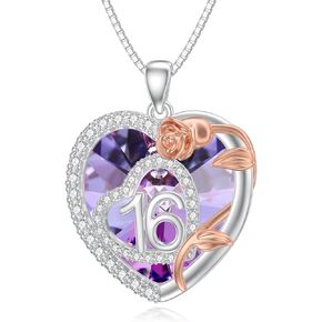 16 Year Old Girl Birthday Gifts 925 Sterling Silver 16th Birthday Necklace Love Heart Rose Flower Crystal Necklace Christmas Anniversary Jewelry Gifts for Daughter Granddaughter in Kuwait