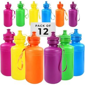 12 Kids Water Bottles Bulk Pack, Summer Beach Accessory | Holds 18 Ounces, 6 Different Neon Colors With Wrist Strap (12 Pack)