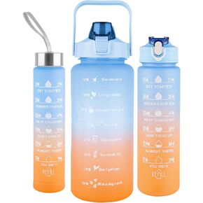 3 PCS Water Bottles With Straw, 10oz 32oz 64oz Motivational Sport Water Bottles with Time Maker, BPA Free Leakproof Half Gallon 2L Water Jugs