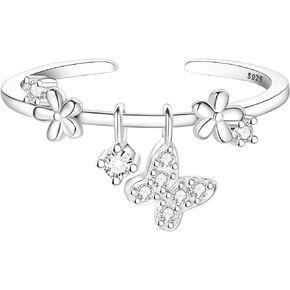 Rings for Women, 925 Sterling Silver Rings, Adjustable Promise Bling Butterfly Flower Open Ring for Women Men Couple Girl Teen Wedding Engagement