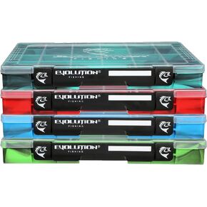 Evolution Outdoor 3700 Drift Series QuikLatch Fishing Tackle Tray Multi Color 4 Pack – Green, Blue, Red, Seafoam Colored Tackle Box Organizer with Removable Compartments, Utility Box Storage