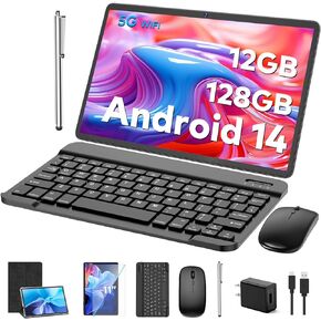 Android Tablet, 11 inch Android 14 Tablet with Keyboard, 12GB+128GB, 1TB Expand, 8000mAh, 5MP+13MP, 2.4G&5G WiFi, IPS Touch Screen, GMS Certified, 2 in 1 Tablets with Case, Mouse, Stylus(Green)