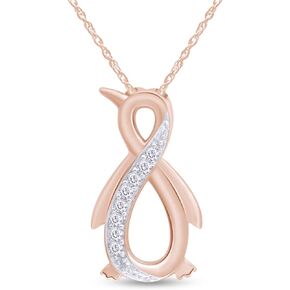 Jewel Zone US White Natural Diamond Penguin Infinity Pendant Sterling Silver / 10K Gold (1/10 Ct) Gift For Her
