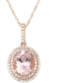 14K Rose Gold Oval 1-5/8 Ct Genuine Morganite Diamond Double Halo Pendant Necklace