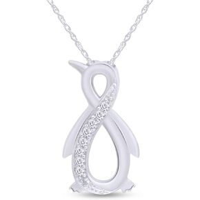 Jewel Zone US White Natural Diamond Penguin Infinity Pendant Sterling Silver / 10K Gold (1/10 Ct) Gift For Her