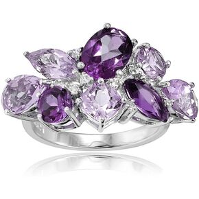 Sterling Silver Genuine African Amethyst, Amethyst, and White Topaz Cluster Tonal Ring