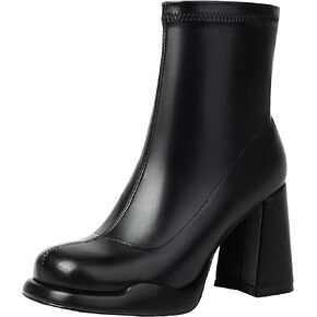 Gogo Chunky Heel Boots For Women, With Square Toe And Side Zipper Mid Calf Platform Sassy Booties