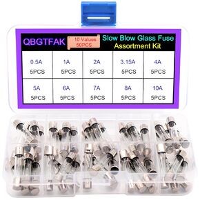 10 Values50pcs Slow Blow Glass Fuses Assorted Kit 6x30mm, 250V 0.5A, 1A, 2A, 3.15A, 4A, 5A, 6A, 7A, 8A, 10A, packag in a Clear Plastic Box